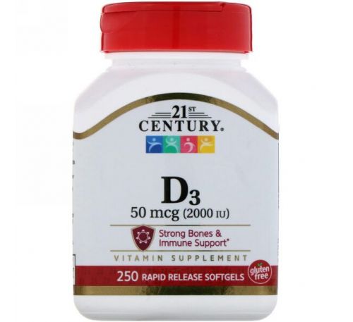21st Century, Витамин D3, 2000 МЕ, 250 жидких мягких таблеток
