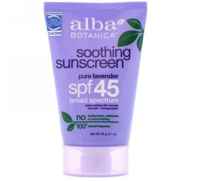 Alba Botanica, Soothing Sunscreen, SPF 45, Pure Lavender, 1 oz (28 g)
