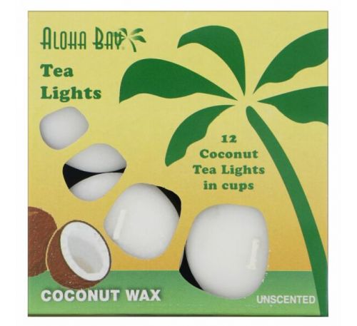 Aloha Bay, Восковые кокосовые свечи, чайные огоньки, без запаха, белые, 12 шт.