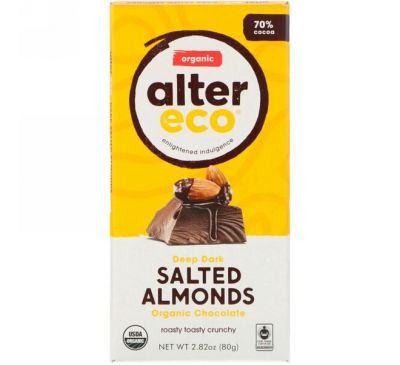 Alter Eco, Органический шоколадный батончик, глубокий темный соленый миндаль, 2,82 унции (80 г)