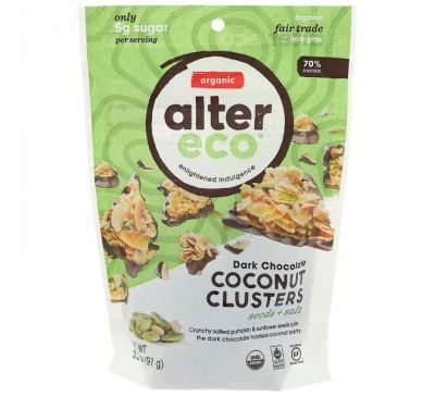 Alter Eco, Темный шоколад и кокос, семечками и солью, 3,2 унц. (91 г)