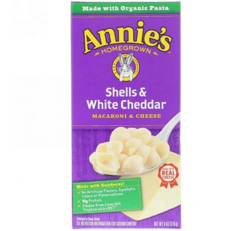 Annie's Homegrown, Ракушки и белый чеддер, Макароны с сыром, 6 унций (170 г)