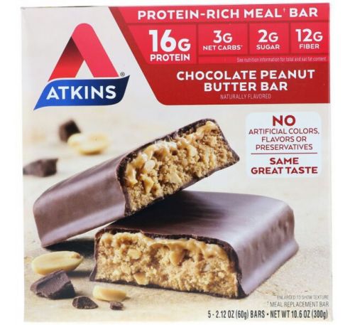 Atkins, Батончик для перекуса, шоколадно-арахисовое масло, 5 батончиков, 2,12 унции (60 г) каждый