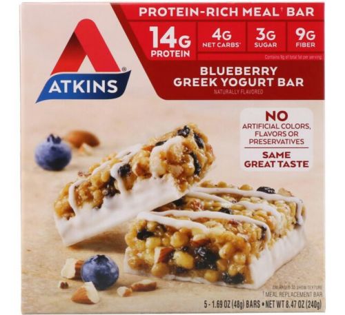 Atkins, Греческий йогуртовый батончик, черника, 5 батончиков, 1,69 унц. (48 г) каждый