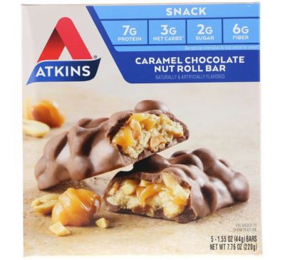 Atkins, Карамельно-шоколадный палочки с орехами, 5 батончиков, 1,55 унц. (44 г) каждый