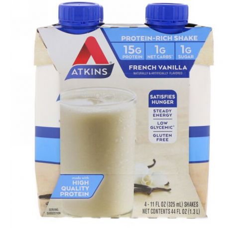 Atkins, Коктейль "Французская ваниль", 4 коктейля, 11 жидких унций (325 мл) каждый