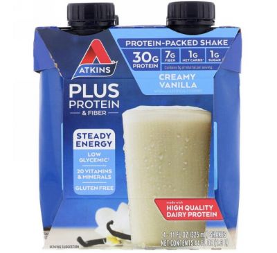 Atkins, Plus Protein & Fiber, Creamy Vanilla, 4 Shakes, 11 fl oz (325 ml) Each