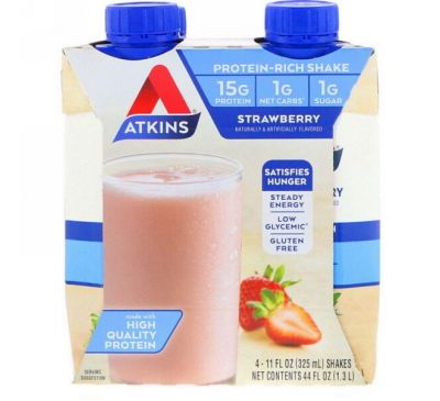 Atkins, Protein-Rich Shake, Strawberry, 4 Shakes, 11 fl oz (325 ml) Each