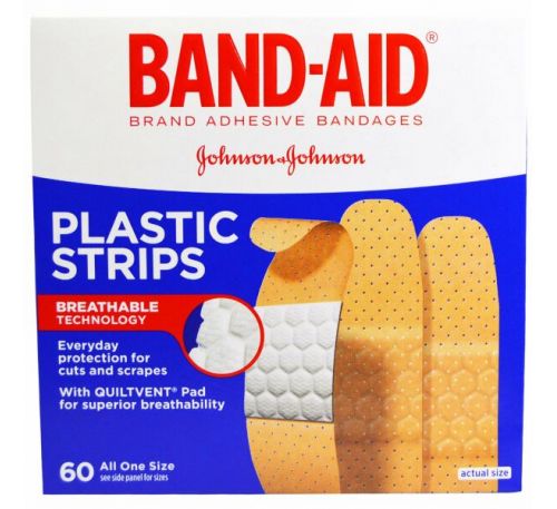 Band Aid, Adhesive Bandages, Plastic Strips, 60 Bandages