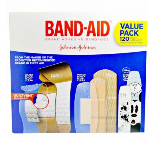 Band Aid, Пластыри, перевязки, экономичная упаковка, 5 пачек, 120 штук