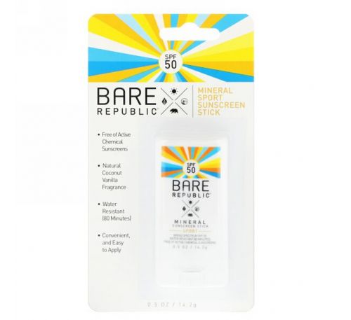 Bare Republic, Спортивный карандаш на минеральной основе с солнцезащитными свойствам, SPF 50, 0,5 унц. (14,2 г)