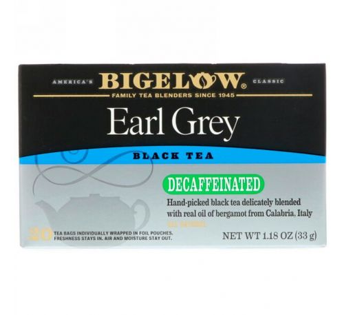 Bigelow, Эрл грей, без кофеина, черный чай, 20 чайных пакетиков, 1,18 унц. (33 г)