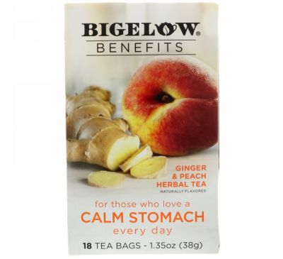 Bigelow, Спокойный желудок, травяной чай с имбирем и персиком, 18 чайных пакетиков, 38 г
