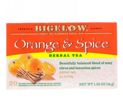 Bigelow, Травяной чай, Апельсин и Специи, без кофеина 20 чайных пакетиков, 1.50 унции (42 г)