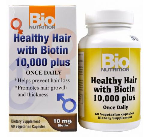 Bio Nutrition, Витамины для здоровья волос с биотином 10,000 плюс, 60 растительных капсул