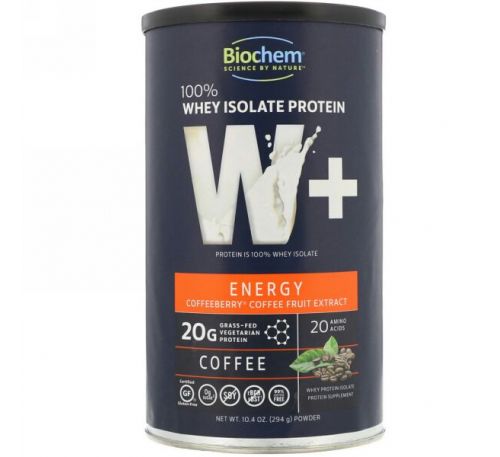 Biochem, 100% изолят сывороточного белка, W+ энергия, со вкусом кофе, 10,4 унц. (294 г)
