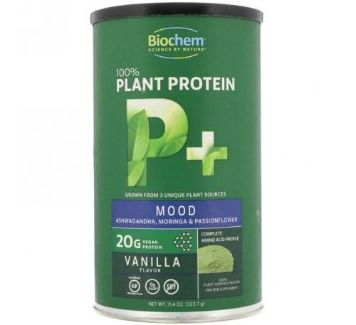 Biochem, 100% растительный протеин, P+ настроение, ванильный вкус, 11,4 унц. (323,7 г)