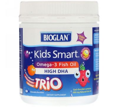 Bioglan, Kids Smart, рыбий жир омега-3, три вкуса, 180 жевательных разрывающихся капсул
