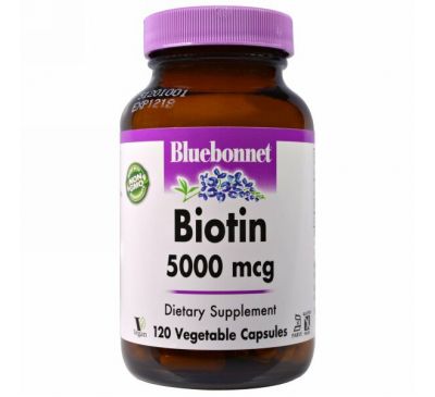 Bluebonnet Nutrition, Биотин, 5000 мкг, 120 капсул в растительной оболочке