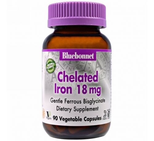 Bluebonnet Nutrition, Хелатированное железо, 18 мг, 90 капсул в растительной оболочке