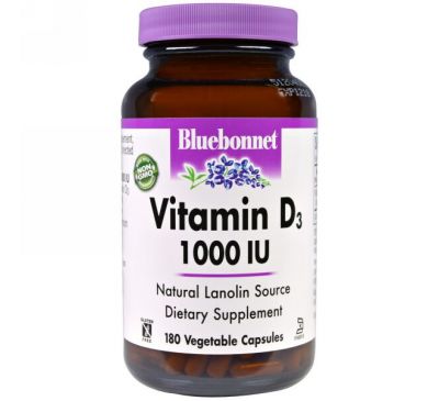 Bluebonnet Nutrition, Витамин D3, 1000 МЕ, 180 капсул в растительной оболочке