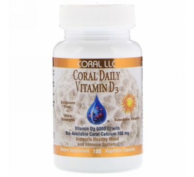 CORAL LLC, Coral Daily Vitamin D3, 5,000 IU, 100 Vegetable Capsules