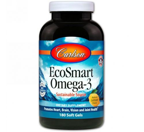 Carlson Labs, EcoSmart Omega-3, Natural Lemon Flavor, 180 Soft Gels