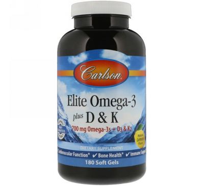 Carlson Labs, Elite with Omega3 plus D3 K2, 700 mg, 180 Soft Gels