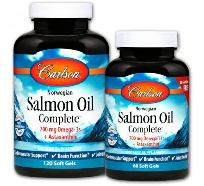 Carlson Labs, Полноценный норвежский лососевый жир Salmon Oil Complete, 120 мягких таблеток + 60 таблеток бесплатно