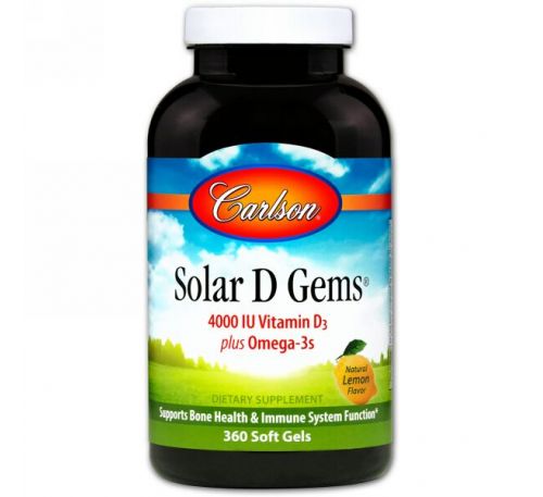 Carlson Labs, Solar D Gems, с натуральным лимонным вкусом, 360 желатиновых капсул