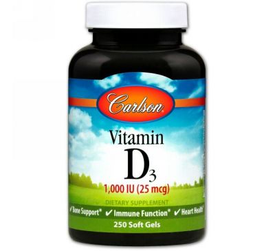 Carlson Labs, Витамин D3, 1000 МЕ (25 мкг), 250 мягких таблеток