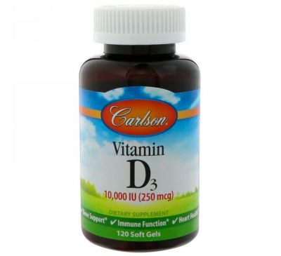 Carlson Labs, Витамин D3, 10 000 МЕ (250 мкг), 120 мягких таблеток