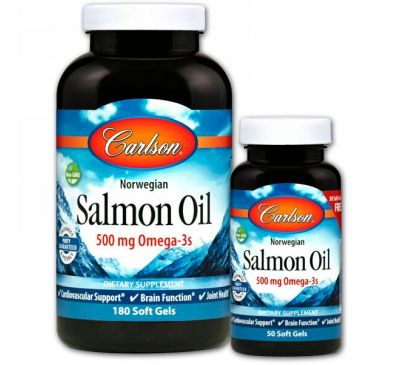Carlson Labs, Жир норвежского лосося, 500 мг, 180 мягких таблеток +50 мягких таблеток бесплатно