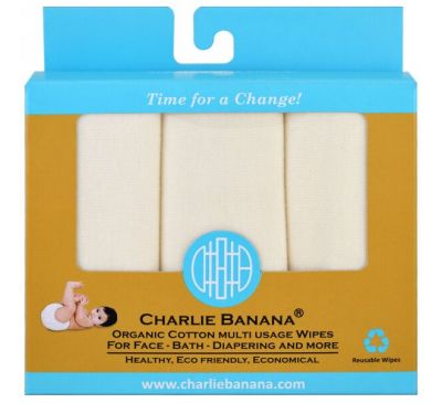 Charlie Banana, Органические многофункциональные салфетки из хлопка, 10 многоразовых салфеток