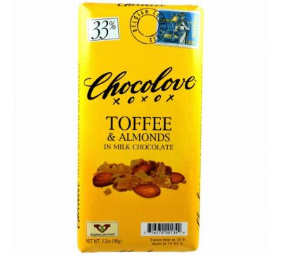 Chocolove, Молочный шоколад с тоффи и миндалем, 3,2 унции (90 г)