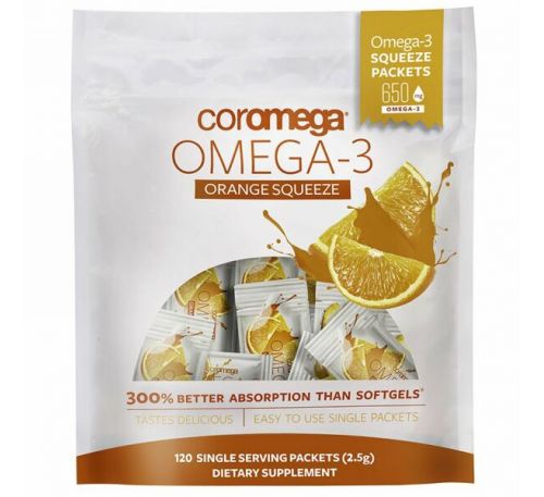 Coromega, Омега-3, апельсиновые пакетики для выдавливания, 120 пакетиков, (2,5 г) каждый