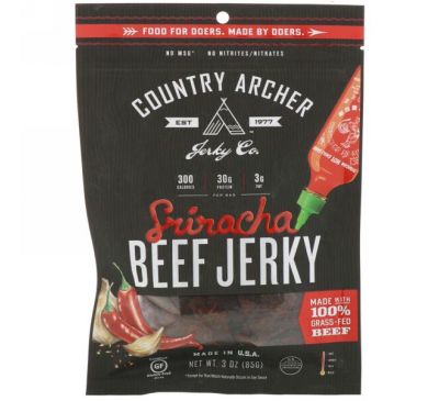 Country Archer Jerky, Вяленая говядина с соусом шрирача, 3 унции (85 г)