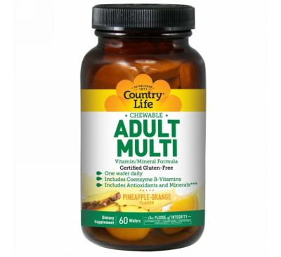 Country Life, Adult Multi, жевательные мультивитамины для взрослых, со вкусом ананаса и апельсина, 60 пастилок