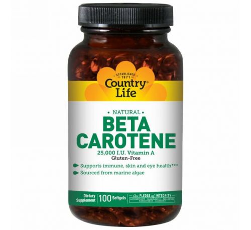 Country Life, Бета-каротин (Beta Carotene), 100 мягких таблеток