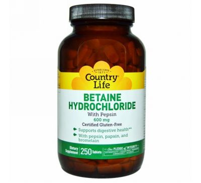 Country Life, Бетаина гидрохлорид, с пепсином, 600 мг, 250 таблеток