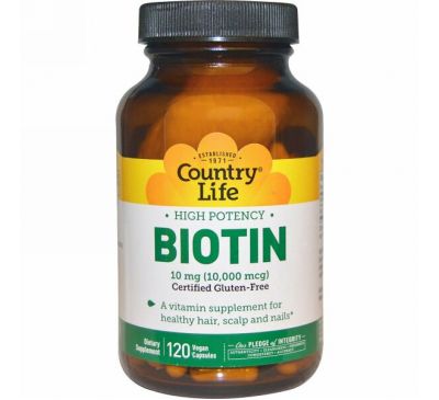 Country Life, Биотин, высокая эффективность, 10 мг, 120 веганских капсул