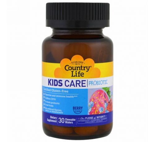 Country Life, Детский пробиотик Kids Care, аромат ягод, 30 жевательных конфет