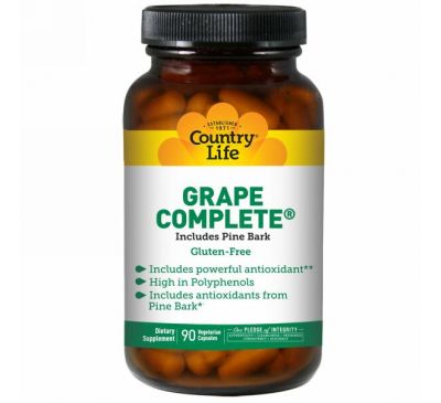 Country Life, Grape Complete, включает сосновую кору, 90 вегетарианских капсул