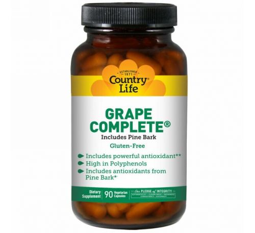 Country Life, Grape Complete, включает сосновую кору, 90 вегетарианских капсул