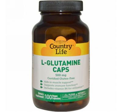 Country Life, Капсулы L-глютамина, 500 мг, 100 растительных капсул