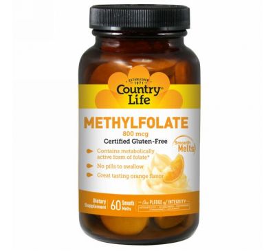 Country Life, Комплекс Метилфолат с апельсиновым вкусом, 800 мкг, 60 растворимых таблеток