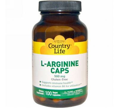 Country Life, L-аргинин в капсулах, 500 мг, 100 вегетарианских капсул