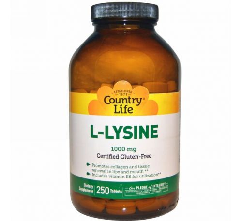 Country Life, L-лизин, 1000 мг, 250 таблеток