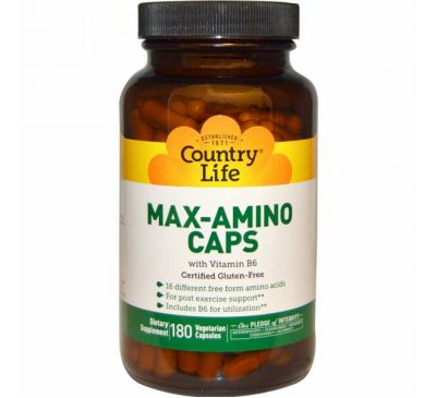 Country Life, Max-Amino в капсулах, с витамином B6, 180 вегетарианских капсул