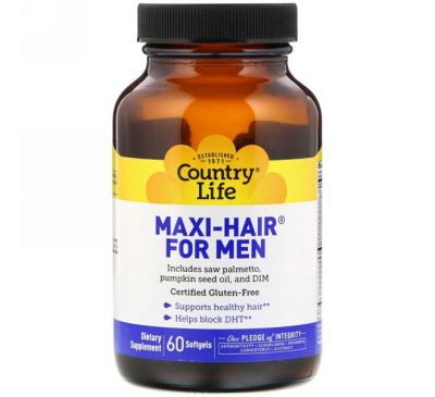Country Life, Maxi Hair для мужчин, 60 желатиновых капсул